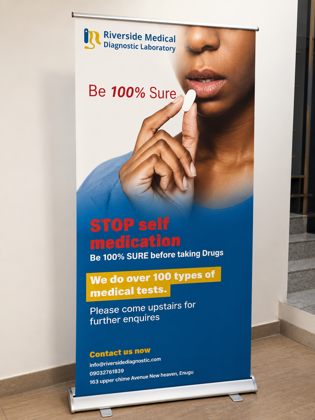 Riverside Medical — patient awareness roll-up banner: Stop self medication